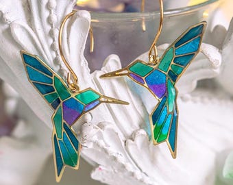 Hummingbird Earrings Stained Glass Style Cottagecore Bird Dangles Nature Inspired Colorful Resin Jewelry Gift