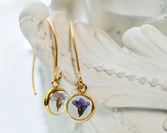 Forget-me-not resin flower earrings, pressed botanical drops, gold stainless dainty dangle jewelry gift