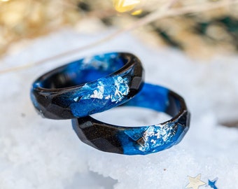 Black and blue resin ring with silver flakes, thumb rings for men ring, unique rings for women,  promise ring for her, Resin Jewelry