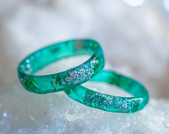 Turquoise Resin Ring with Silver Flakes: Aqua Teal Handmade Minimalist Jewelry, Unique Promise Band