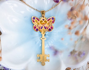 Purple butterfly key necklace, dainty charm pendant, magical girl witchy fairycore fantasy kawaii jewelry