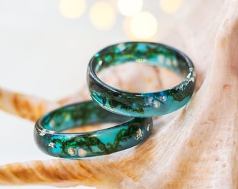 Ocean Resin Ring Mermaidcore Wave Band Beach Wedding Alternative Handmade Blue Jewelry Gift