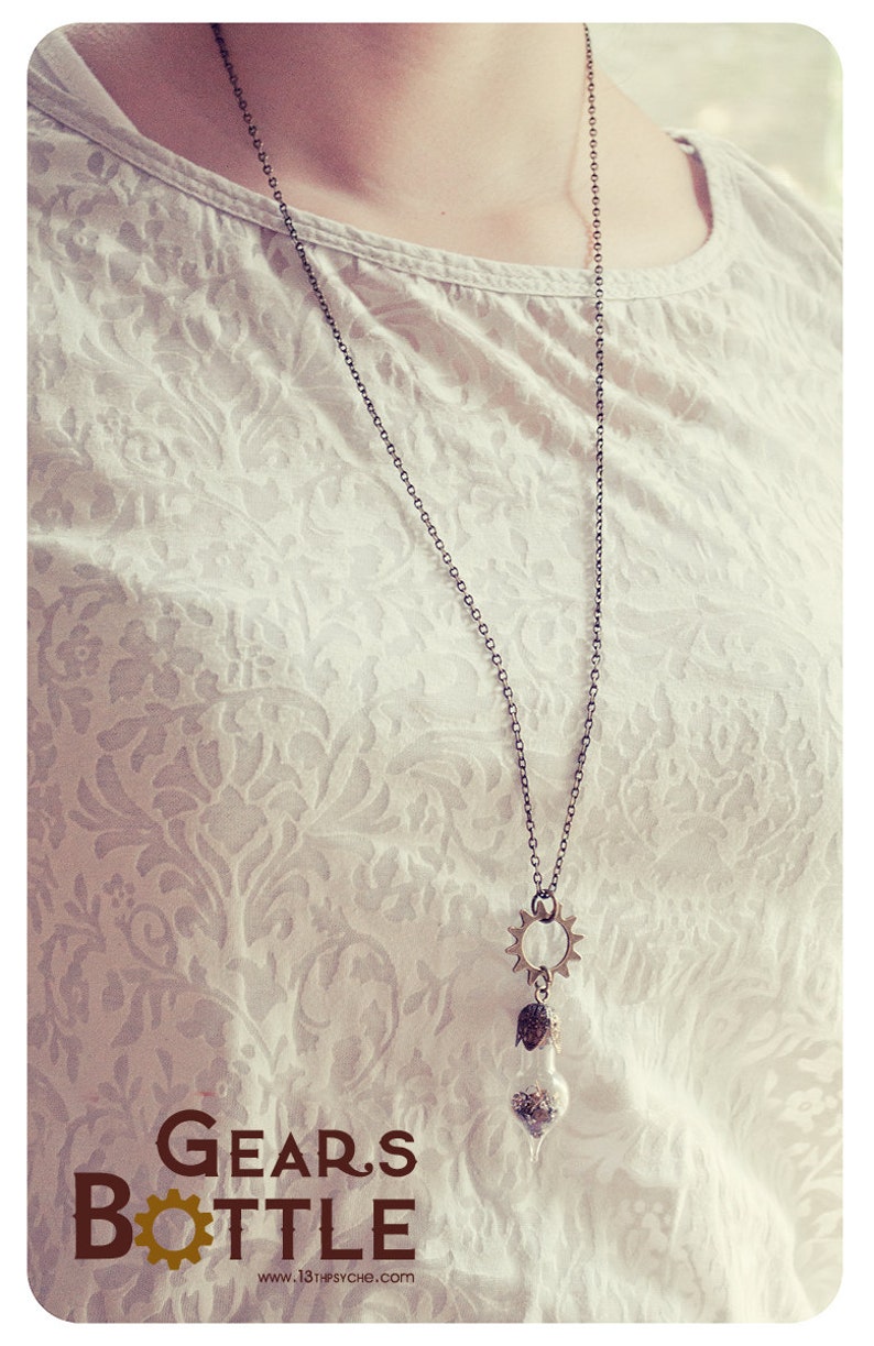 glass vial necklace,Steampunk jewelry Gifts for women Gears jewelry handmade long necklace Steampunk bottle necklace Steampunk necklace