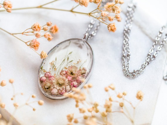 Pink Ozothamnus Pressed Flowers Necklace, Cottagecore Nature