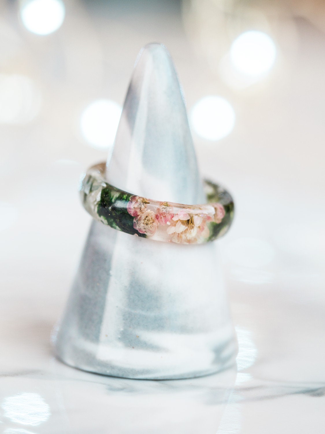 Resin Flower Ring With Pink Peony Forest Moss and 24K Gold. 