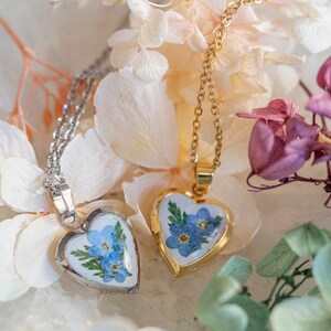 22mm heart necklace with real botanical flowers on tarnish resistant stainless steel chain