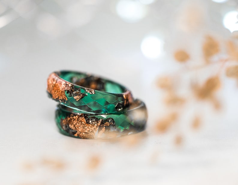 Green resin ring with rose gold flakes, thumb ring for men, unique jewelry for women, Resin Jewelry, mens ring, cute promise ring for her image 9