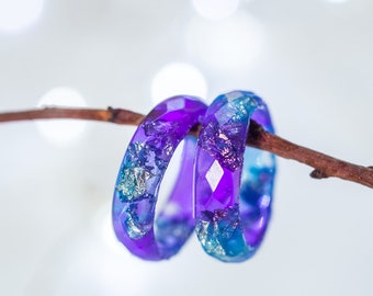 Purple and Blue Resin Ring With Silver Flakes, Unique Thumb
