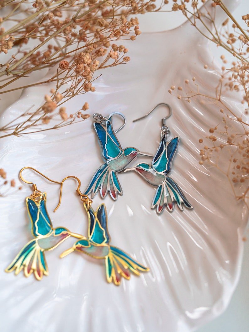 Hummingbird earrings, fairycore, nature earrings, bird earrings, hummingbird jewelry, fairy earrings, Unique earrings Statement Earrings image 5