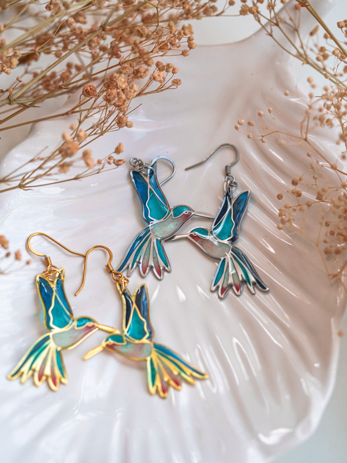 Hummingbird earrings Nature inspired, fairycore, bird earrings, hummingbird jewelry, fairy earrings, botanical earrings, Statement Earrings