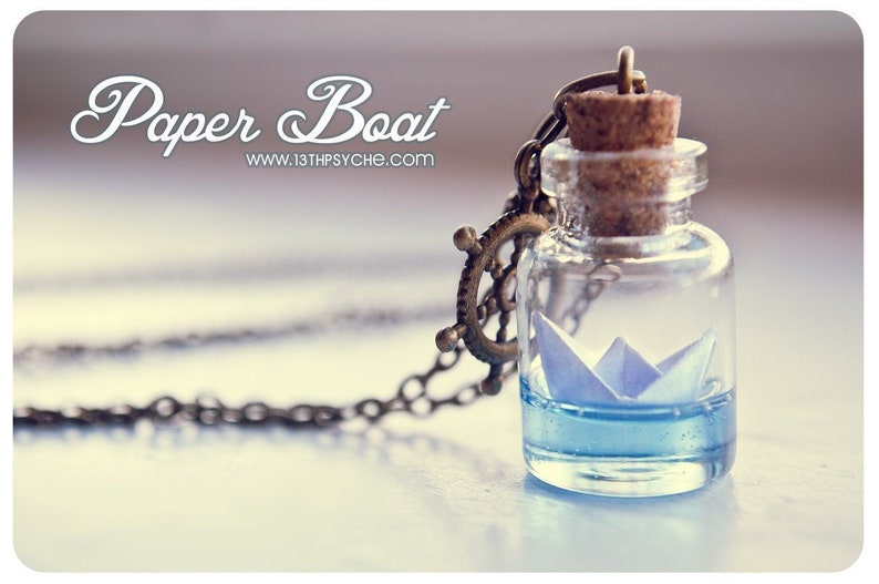 Paper boat necklace,glass vial necklaces for women, handmade gifts for her, Origami necklace,mermaid jewelry,Paper Boat bottle necklace image 1