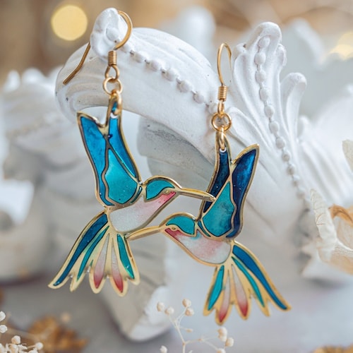 Hummingbird Earrings, Nature Inspired Fairycore Stained Glass