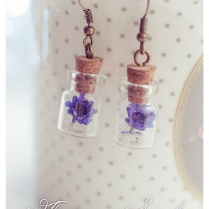 Glass bottle earrings,Real flower jewelry, Flower vial earrings,Dried flower earring,miniature bottle earrings,natural jewelry,gift for her image 2