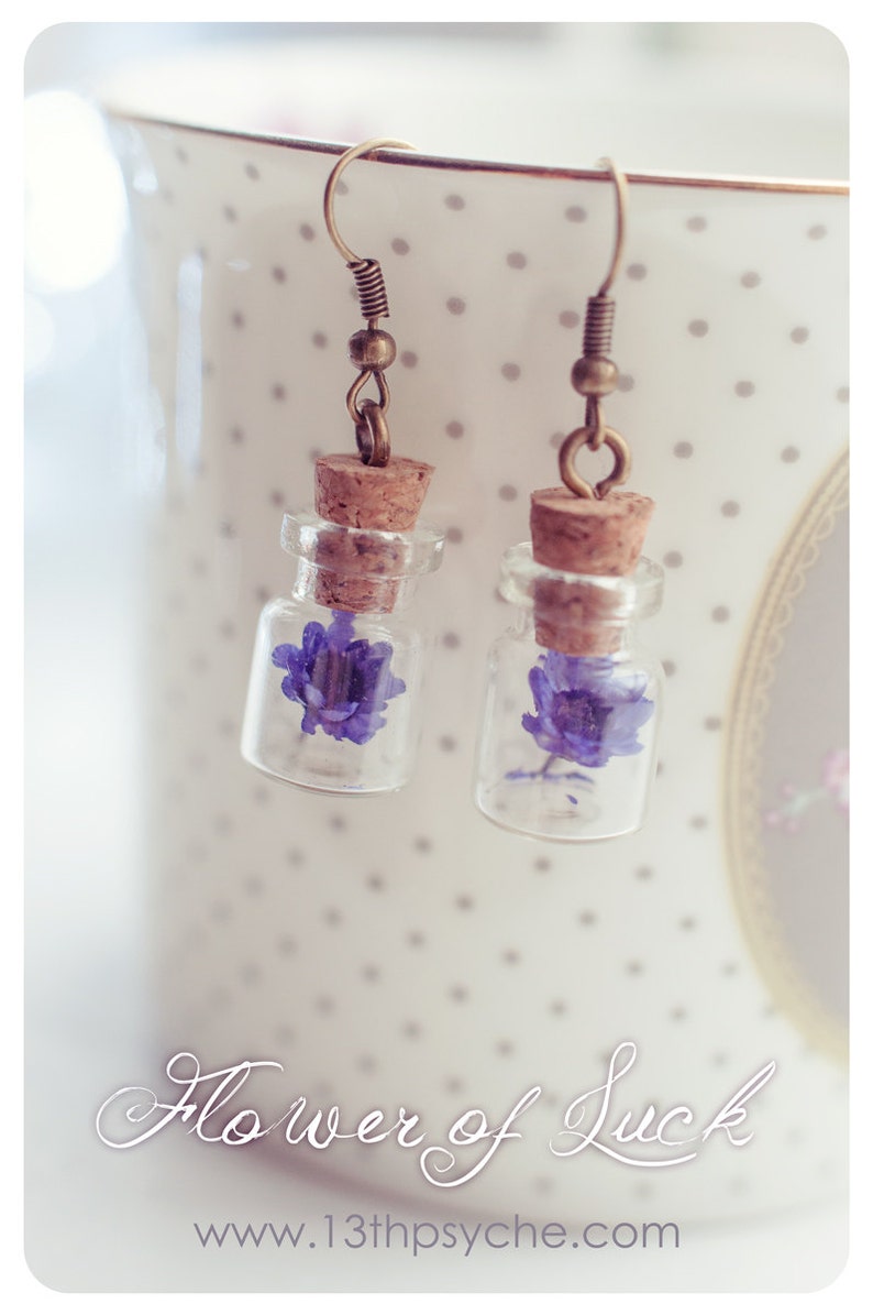 Glass bottle earrings,Real flower jewelry, Flower vial earrings,Dried flower earring,miniature bottle earrings,natural jewelry,gift for her image 2