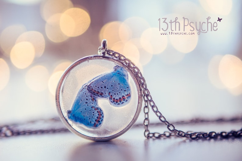 Blue butterfly necklace, butterfly jewelry, resin jewelry, unique gifts for her, tiny butterfly pendant, insect necklace, nature jewelry image 1