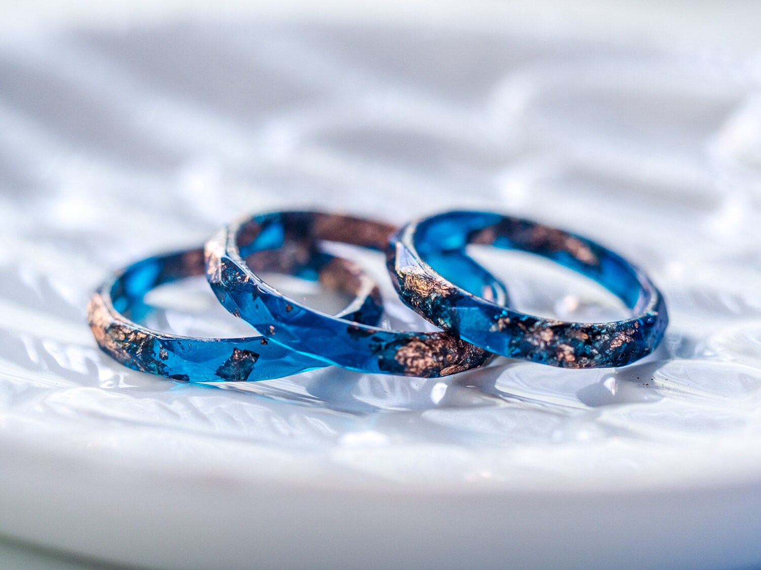 Dark Blue Resin Ring With Rose Gold Flakes promise Ring for Her