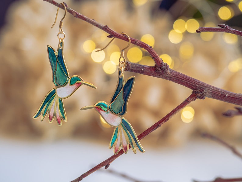 Hummingbird earrings, fairycore, nature earrings, bird earrings, hummingbird jewelry, fairy earrings, Unique earrings Statement Earrings image 4