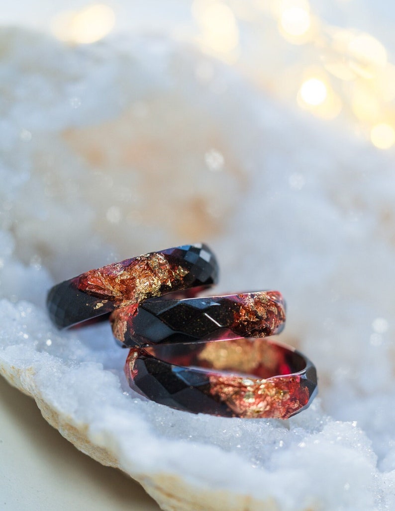 Black and red resin ring with gold flakes, fire ring, wedding band, unique rings for men ring, thumb ring,promise ring for her,Resin Jewelry 