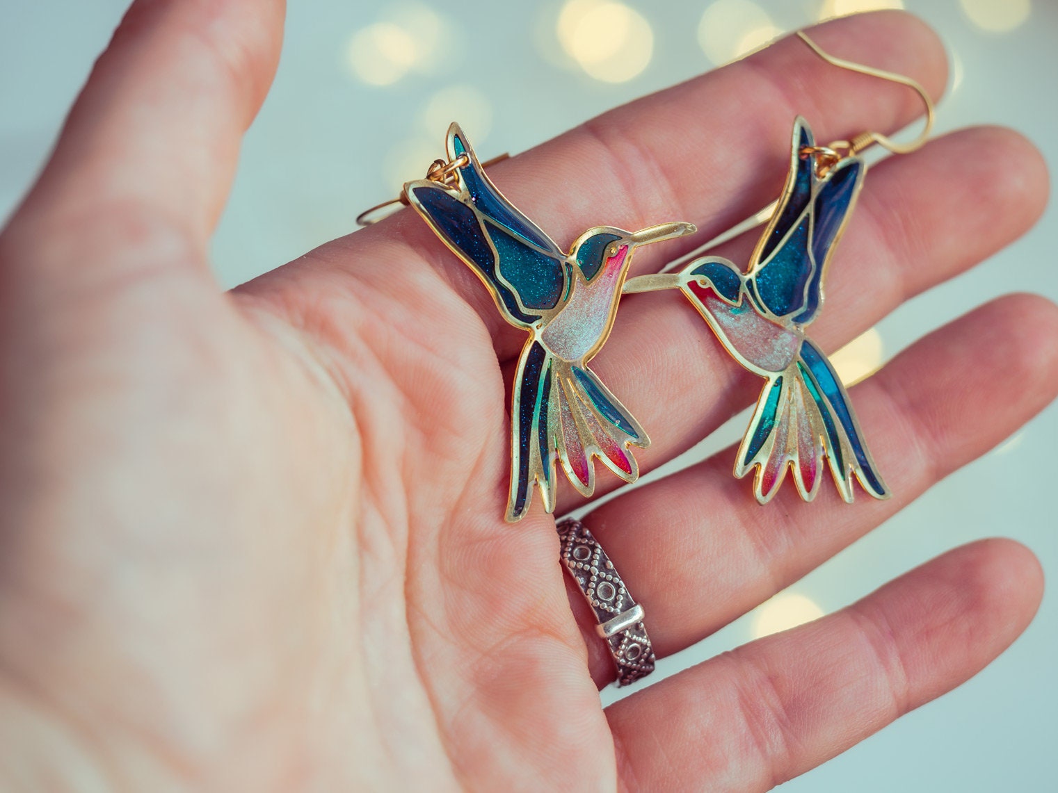 Hummingbird earrings Nature inspired, fairycore, bird earrings, hummingbird jewelry, fairy earrings, botanical earrings, Statement Earrings