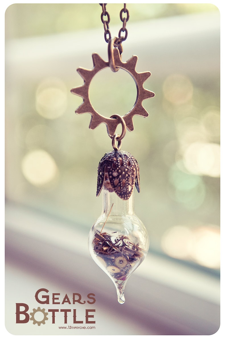 glass vial necklace,Steampunk jewelry Gifts for women Gears jewelry handmade long necklace Steampunk bottle necklace Steampunk necklace