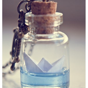 Paper boat necklace,glass vial necklaces for women, handmade gifts for her, Origami necklace,mermaid jewelry,Paper Boat bottle necklace image 2