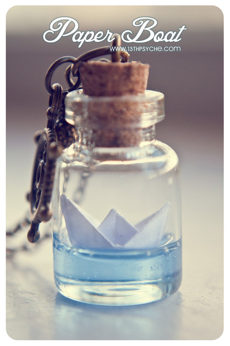 Paper boat necklace,glass vial necklaces for women, handmade gifts for her, Origami necklace,mermaid jewelry,Paper Boat bottle necklace image 2