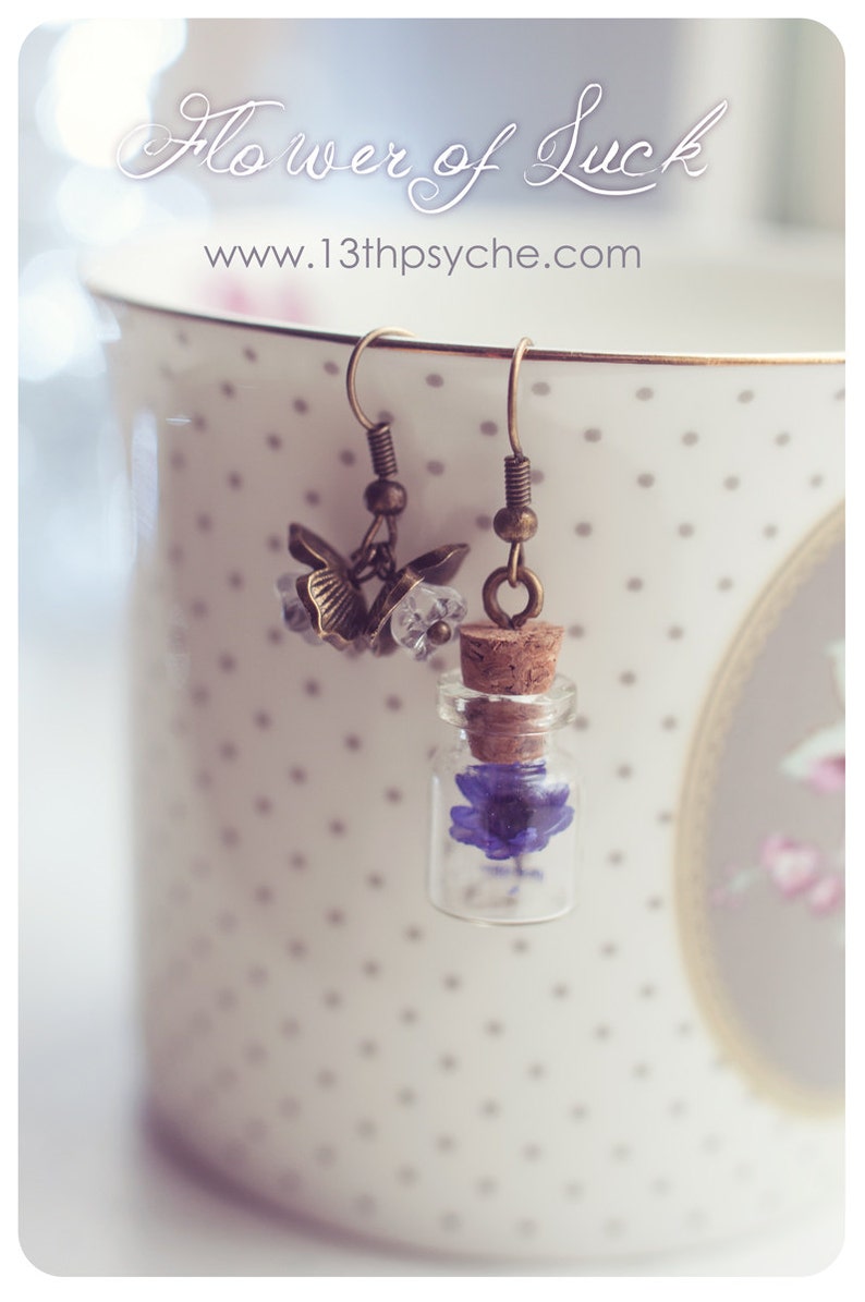 Glass bottle earrings,Real flower jewelry, Flower vial earrings,Dried flower earring,miniature bottle earrings,natural jewelry,gift for her image 1