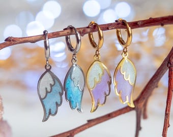 Angel Wings Huggie Earrings – Stainless Steel Iridescent Dangles, Celestial Fairycore Jewelry