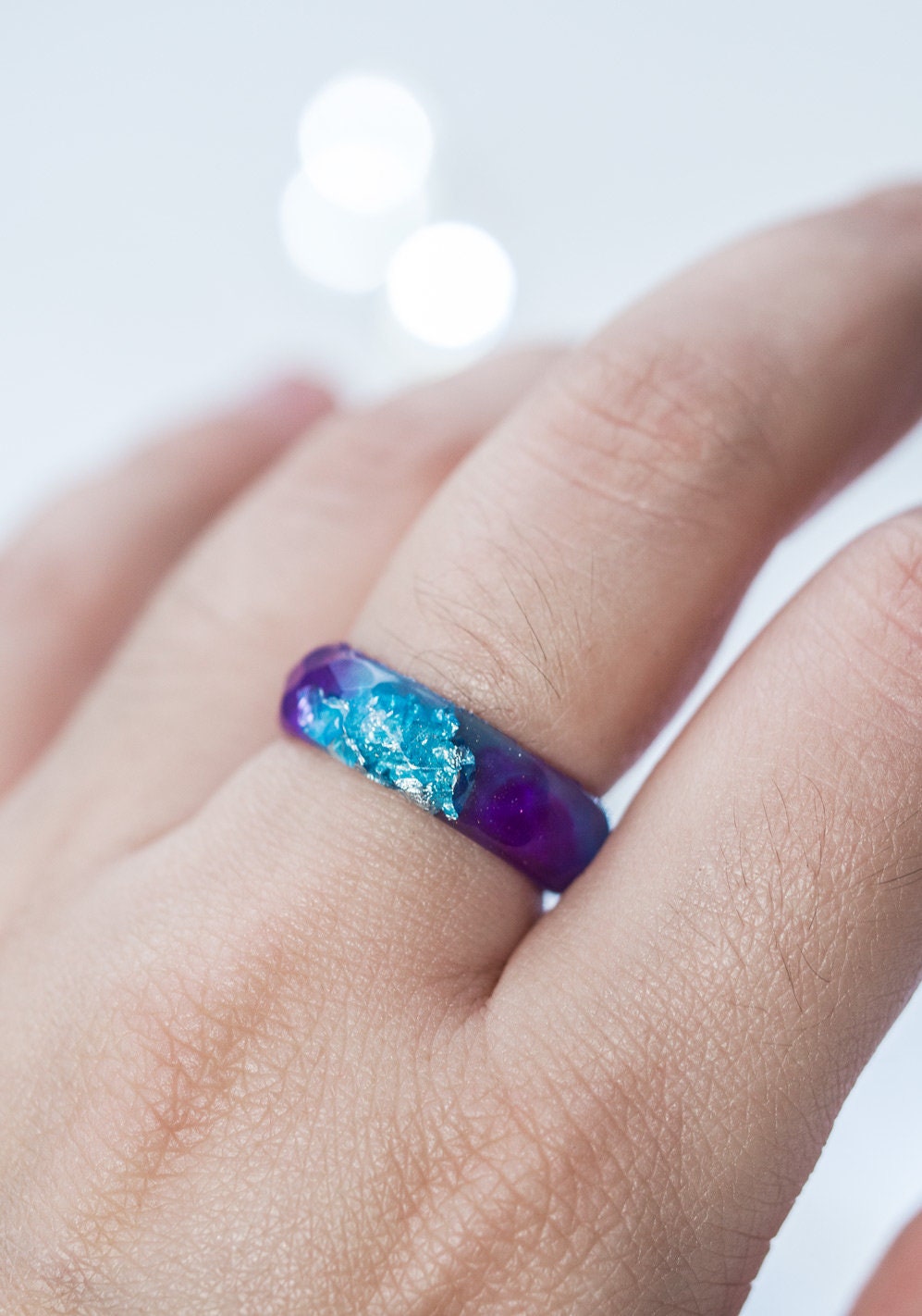 Purple and Blue Resin Ring With Silver Flakes, Unique Thumb