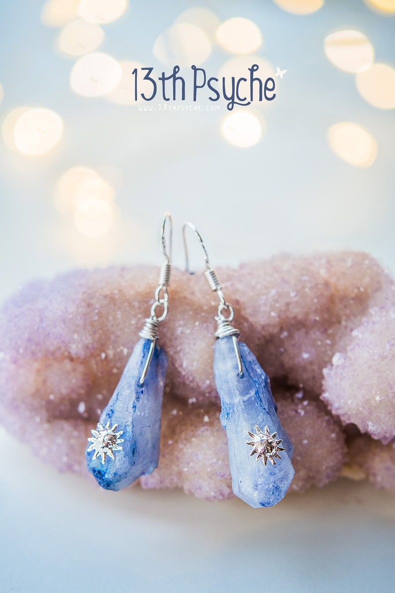 Raw stone earrings,Blue earrings,blue crystal earrings,sun earrings,raw gemstone jewelry gifts, teardrop earring, unique gift for women, image 1