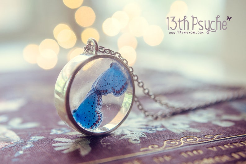 Blue butterfly necklace, butterfly jewelry, resin jewelry, unique gifts for her, tiny butterfly pendant, insect necklace, nature jewelry image 2