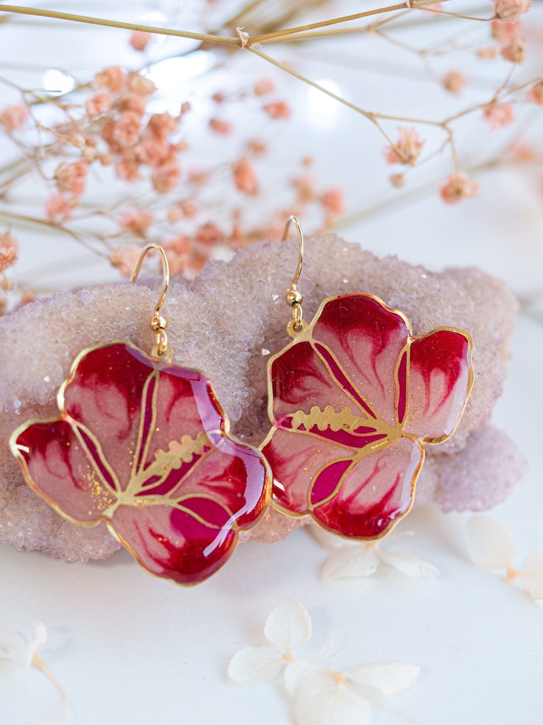 Pink Hibiscus Earrings, Resin Red Flower Dangles, Handmade