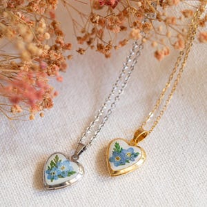 22mm heart necklace with real botanical flowers on tarnish resistant stainless steel chain