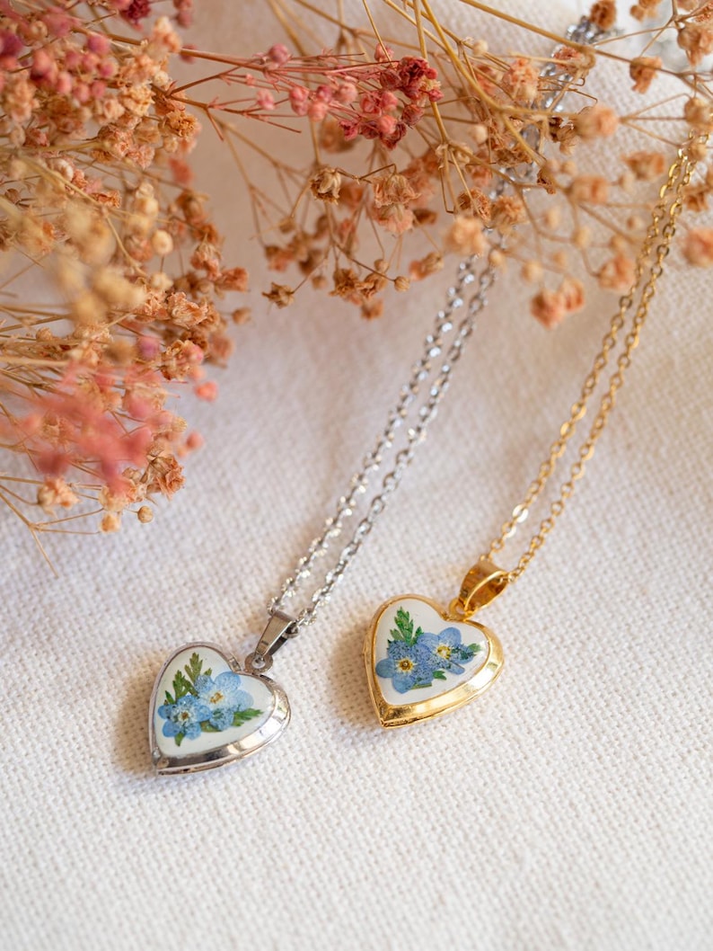 22mm heart necklace with real botanical flowers on tarnish resistant stainless steel chain