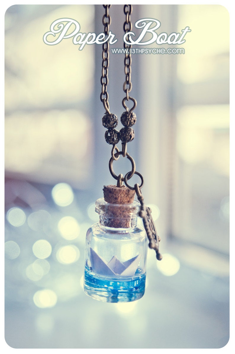 Paper boat necklace,glass vial necklaces for women, handmade gifts for her, Origami necklace,mermaid jewelry,Paper Boat bottle necklace image 3