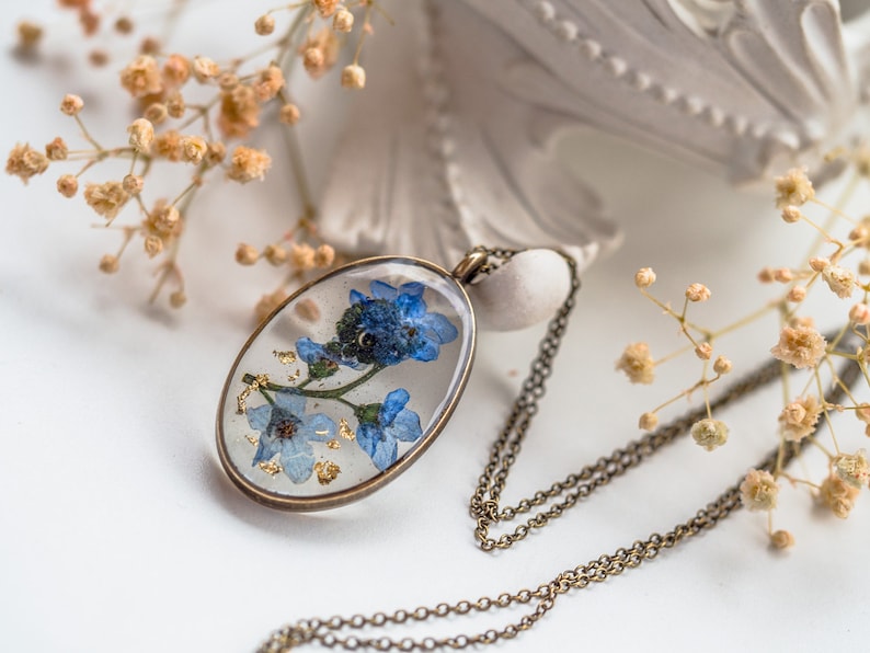 Pressed Flower Necklace Real Blue Flower Etsy