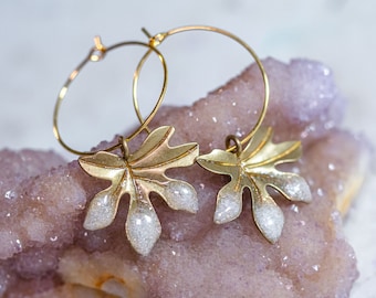 Frosted Leaf Hoop Earrings: Gold Stainless Steel Winter Snow Jewelry, statement nature hoops