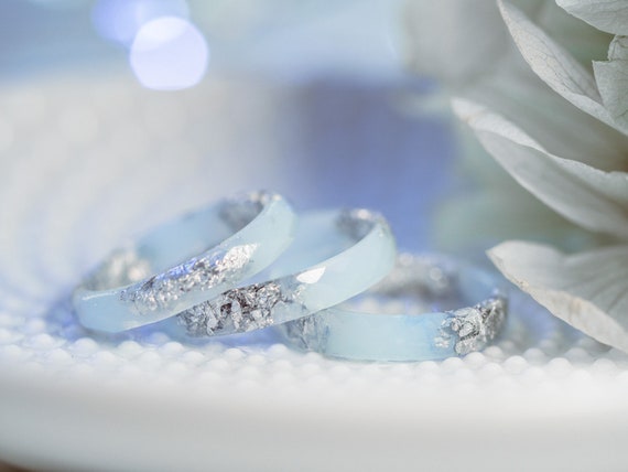 Light Blue and Silver Flakes Resin Rings cute Rings for Women