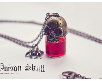 Handmade Skull Bottle Necklace, Steampunk Witchy Potion Pendant, Gothic Vial Charm Custom Color