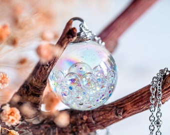 Iridescent Resin Bubble Orb Necklace Fairy Globe Pendant Stainless Steel Fairycore Magical Jewelry