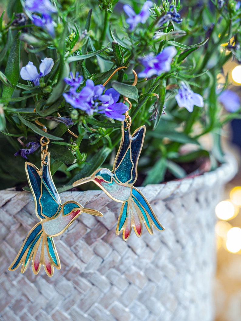 Hummingbird earrings, fairycore, nature earrings, bird earrings, hummingbird jewelry, fairy earrings, Unique earrings Statement Earrings image 6