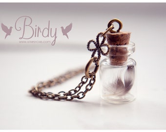 Tiny Real Feather Bottle Necklace:  inspirational Glass Vial pendant, cottagecore jewelry