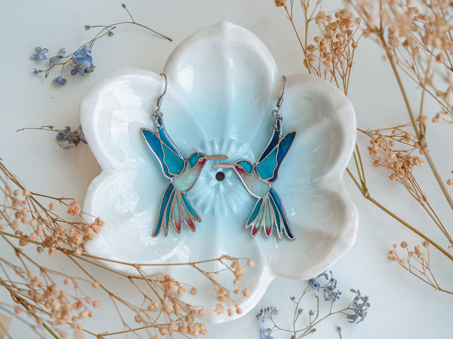 Hummingbird earrings Nature inspired, fairycore, bird earrings, hummingbird jewelry, fairy earrings, botanical earrings, Statement Earrings