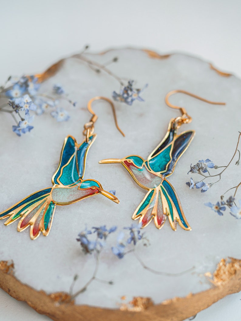 Hummingbird earrings, fairycore, nature earrings, bird earrings, hummingbird jewelry, fairy earrings, Unique earrings Statement Earrings image 2