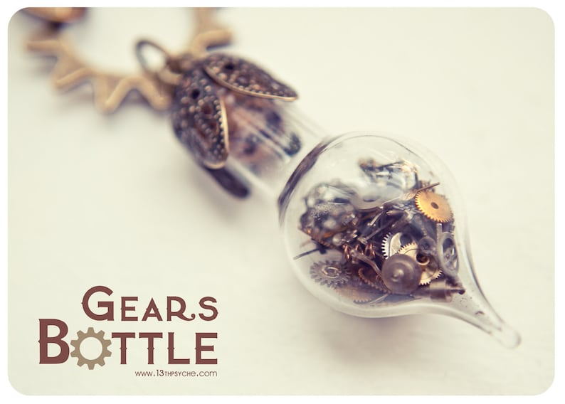 glass vial necklace,Steampunk jewelry Gifts for women Gears jewelry handmade long necklace Steampunk bottle necklace Steampunk necklace