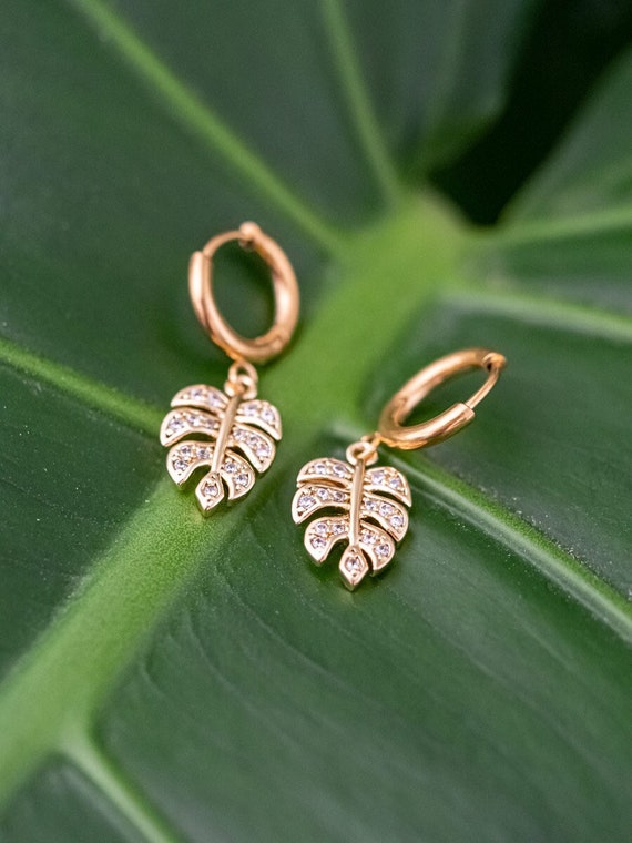 Cubic Zirconia monstera leaf huggie hoop earrings | 13th Psyche Gold