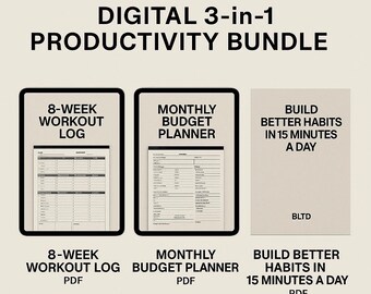 Op de afbeelding: Een digitale productiviteitsbundel genaamd "BLTD Discipline Kit" bevat een printbaar 8-weken trainingsschema, een maandelijkse budgetplanner en een e-book getiteld "Bouw betere gewoontes in 15 minuten per dag".
