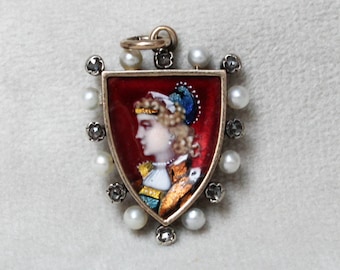 Rose Cut Diamond Pearl Enamel Miniature Portrait Shield Pendant, Rose Cut Diamond & Seed Pearl Halo