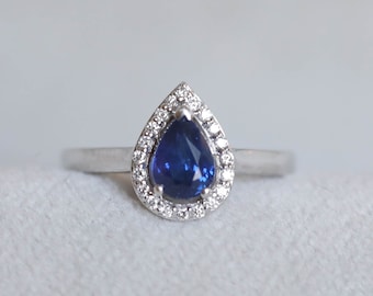 Blue Sapphire Diamond 14k Wit Gouden Ring, maat 5.5