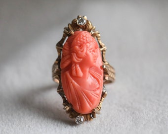 Vintage Coral Cameo Ring in 10k Gold with Diamond Accents, size 4.5